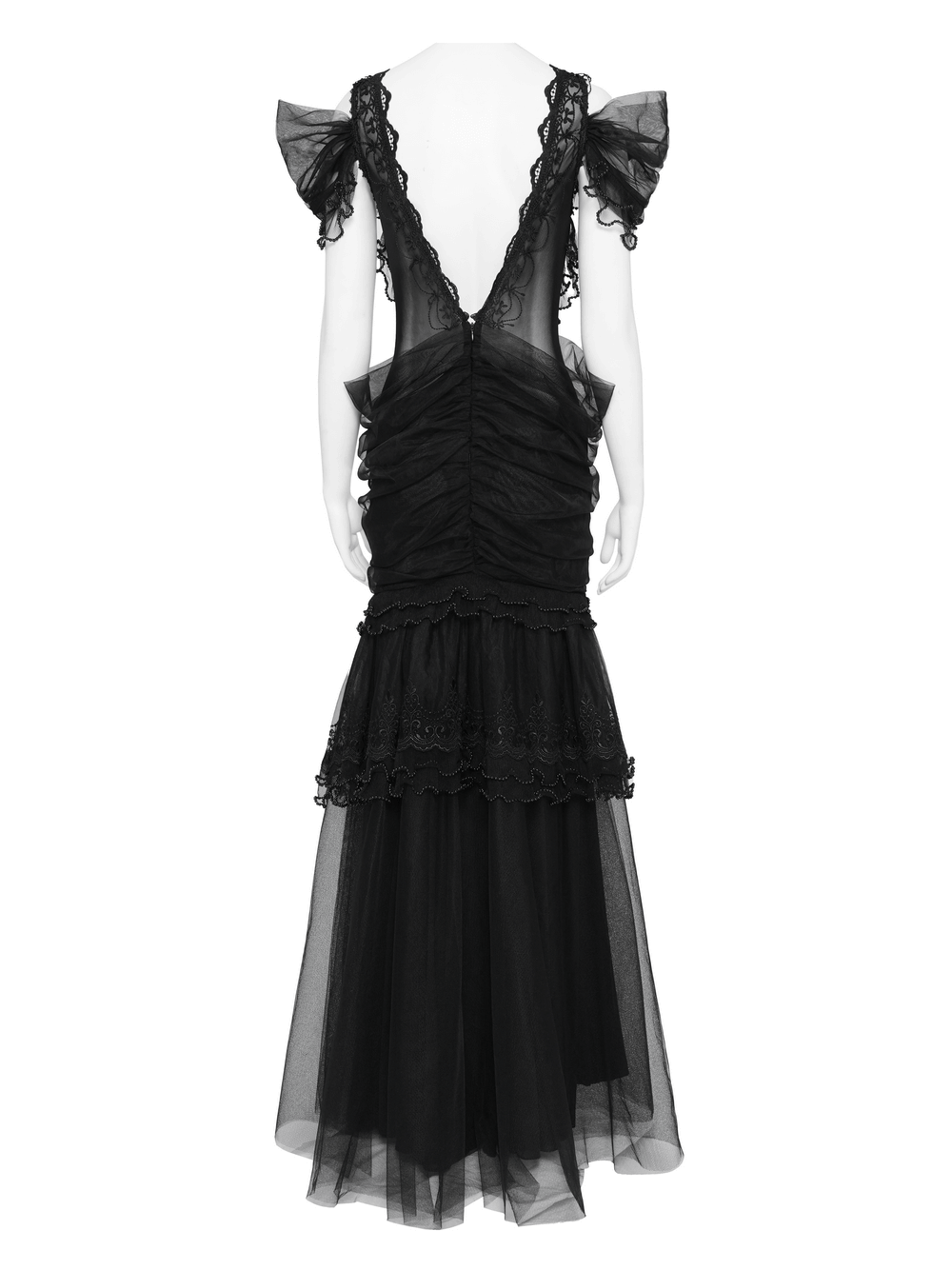 Black Gothic Lace-Up Dress with Ruffled Tulle and Roses showcasing a dramatic tiered design and lace details.