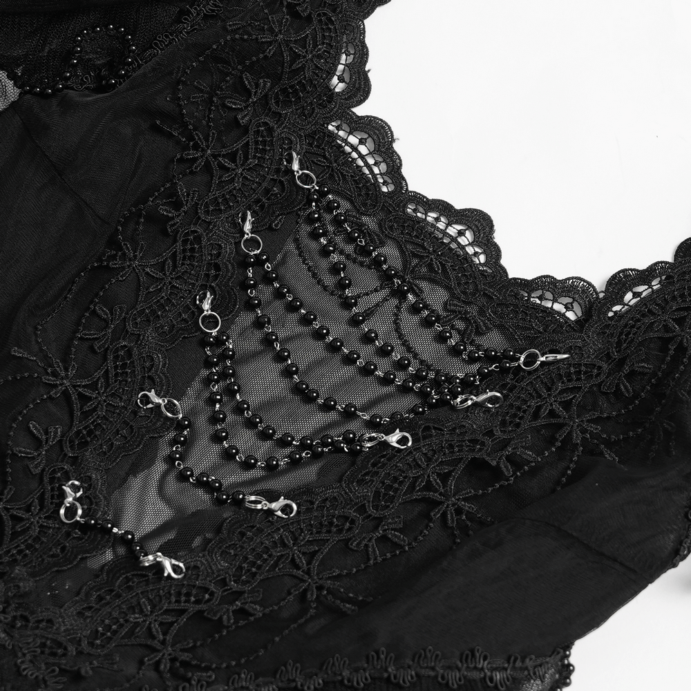 Black Gothic Lace-Up Dress with Ruffled Tulle and Roses detailing showing intricate lace and beaded accents.