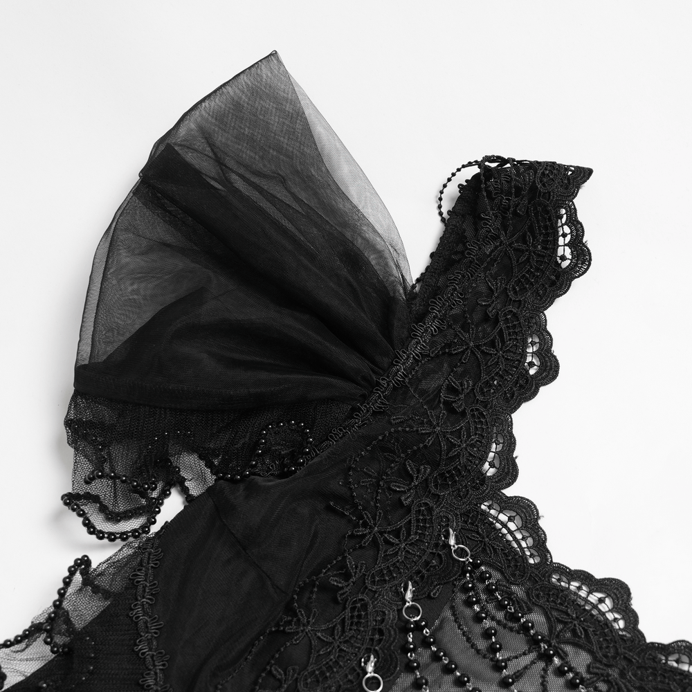 Black Gothic Lace-Up Dress with Ruffled Tulle and Roses featuring lace details and tulle elements.