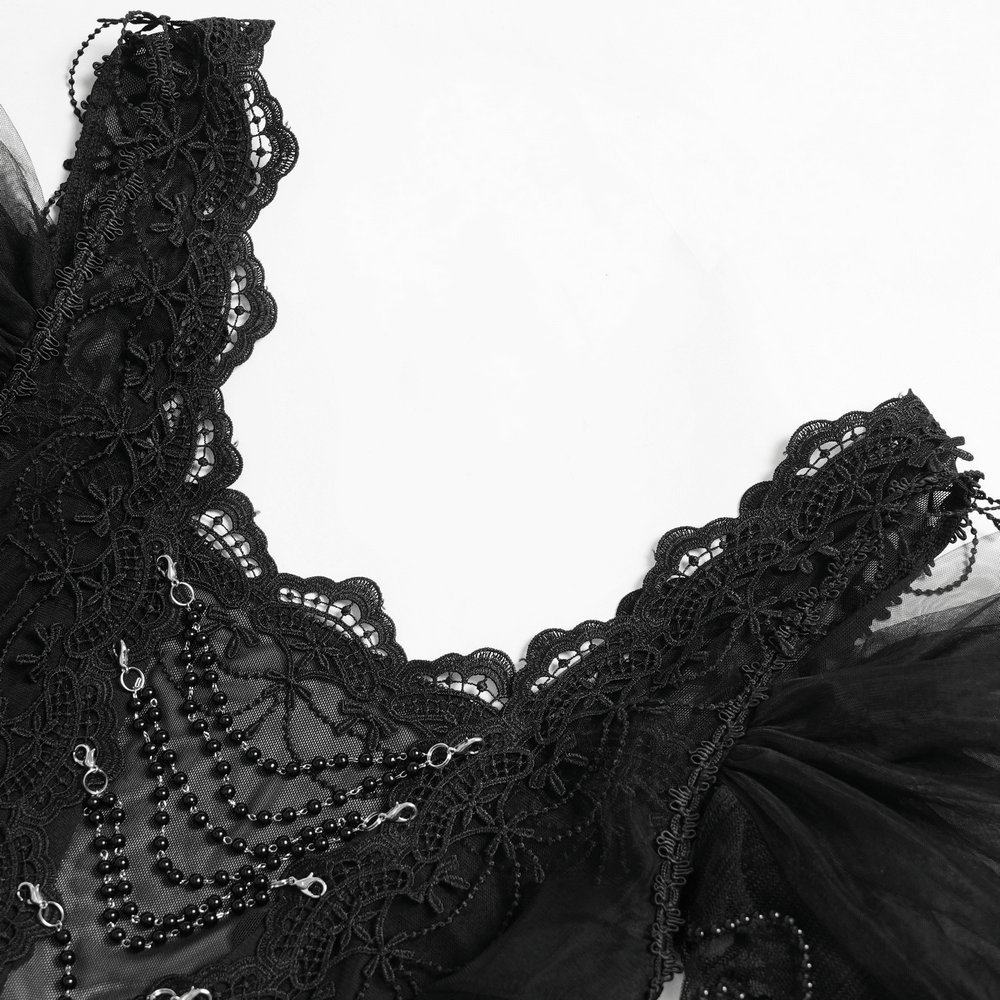 Black Gothic Lace-Up Dress with Ruffled Tulle and Roses close-up showing intricate lace and tulle details.