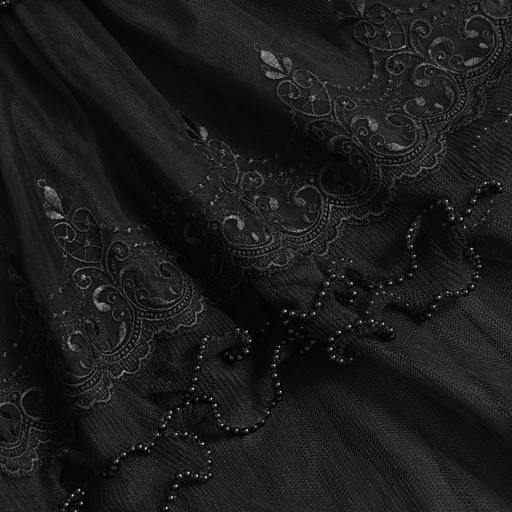 Black Gothic Lace-Up Dress with Ruffled Tulle and Roses detail showcasing intricate lace and ruffles.