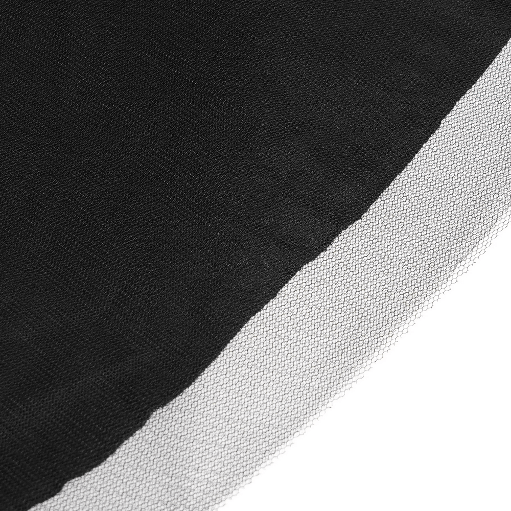 Close-up of black fabric with a delicate white edge, showcasing the material for the Black Gothic Lace-Up Dress with Ruffled Tulle and Roses.