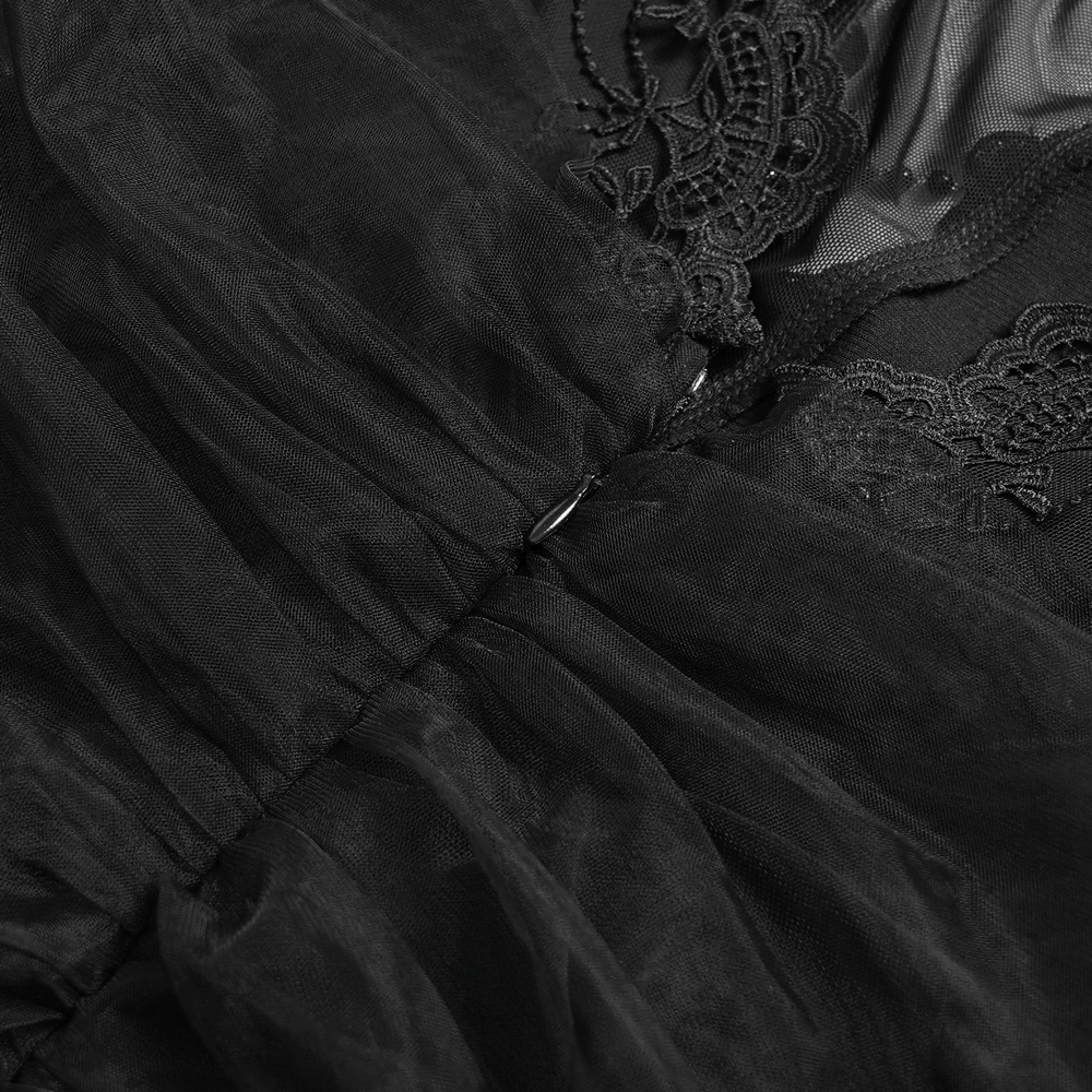 Close-up of the Black Gothic Lace-Up Dress with Ruffled Tulle and Roses showcasing lace details and tulle fabric.