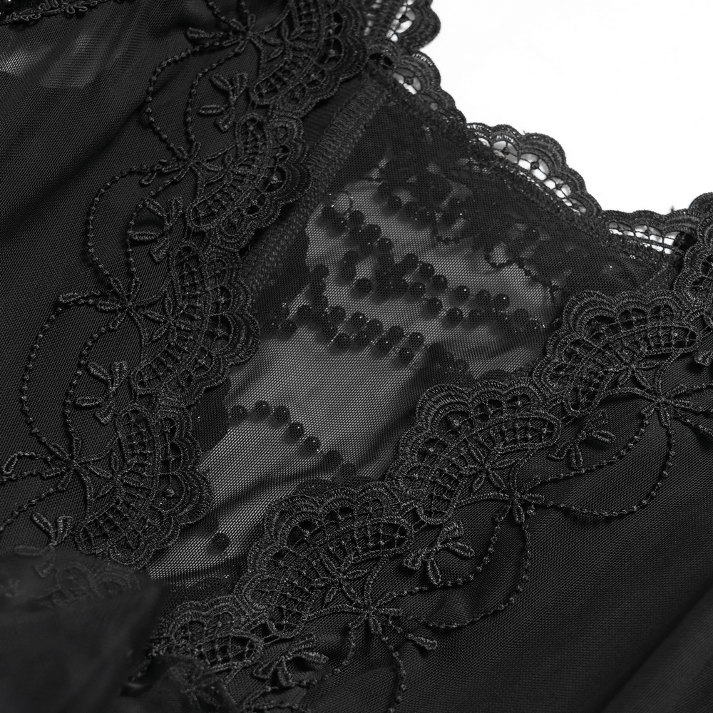 Black Gothic Lace-Up Dress with Ruffled Tulle and Roses lace detail close-up