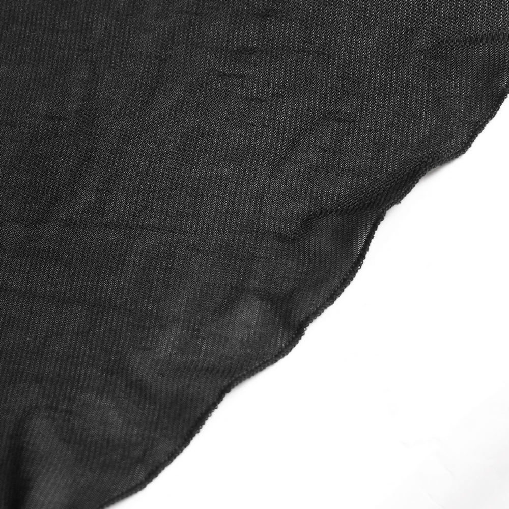 Black Gothic Lace-Up Dress with Ruffled Tulle and Roses fabric close-up showing smooth texture and scalloped edge.