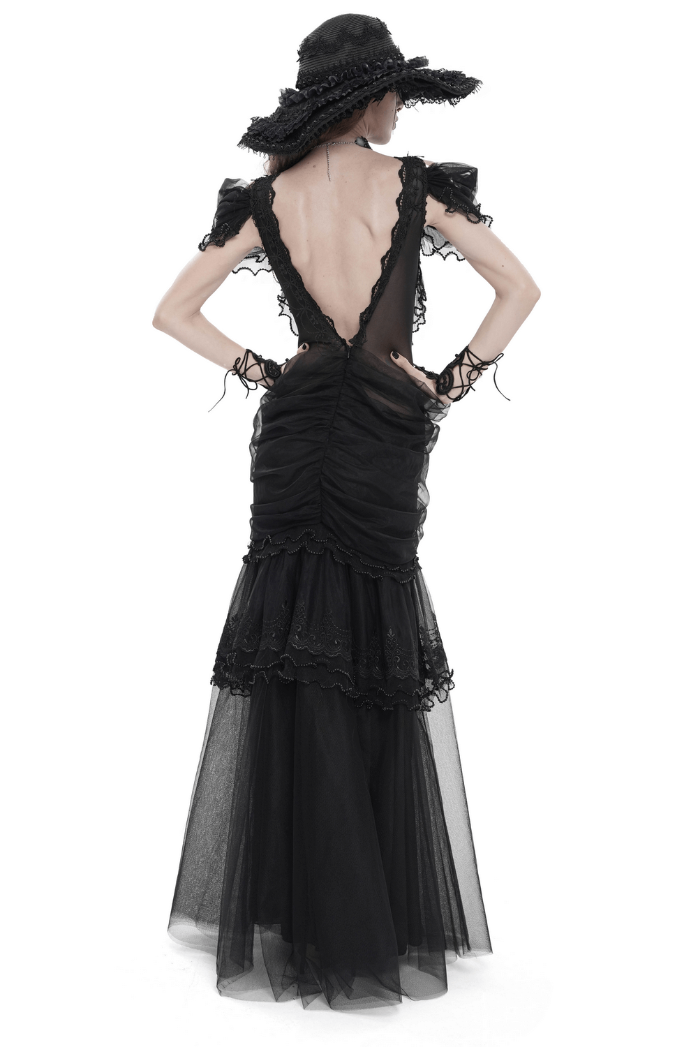 Black Gothic Lace-Up Dress with Ruffled Tulle and Roses showcasing a dramatic back view and exquisite tulle detail.