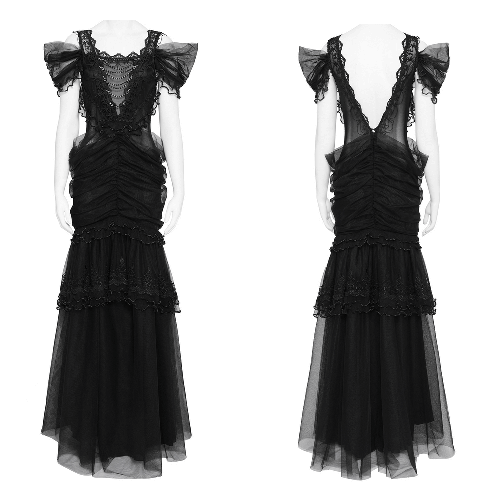 Black Gothic Lace-Up Dress with Ruffled Tulle and Roses featuring lace details and dramatic volume.
