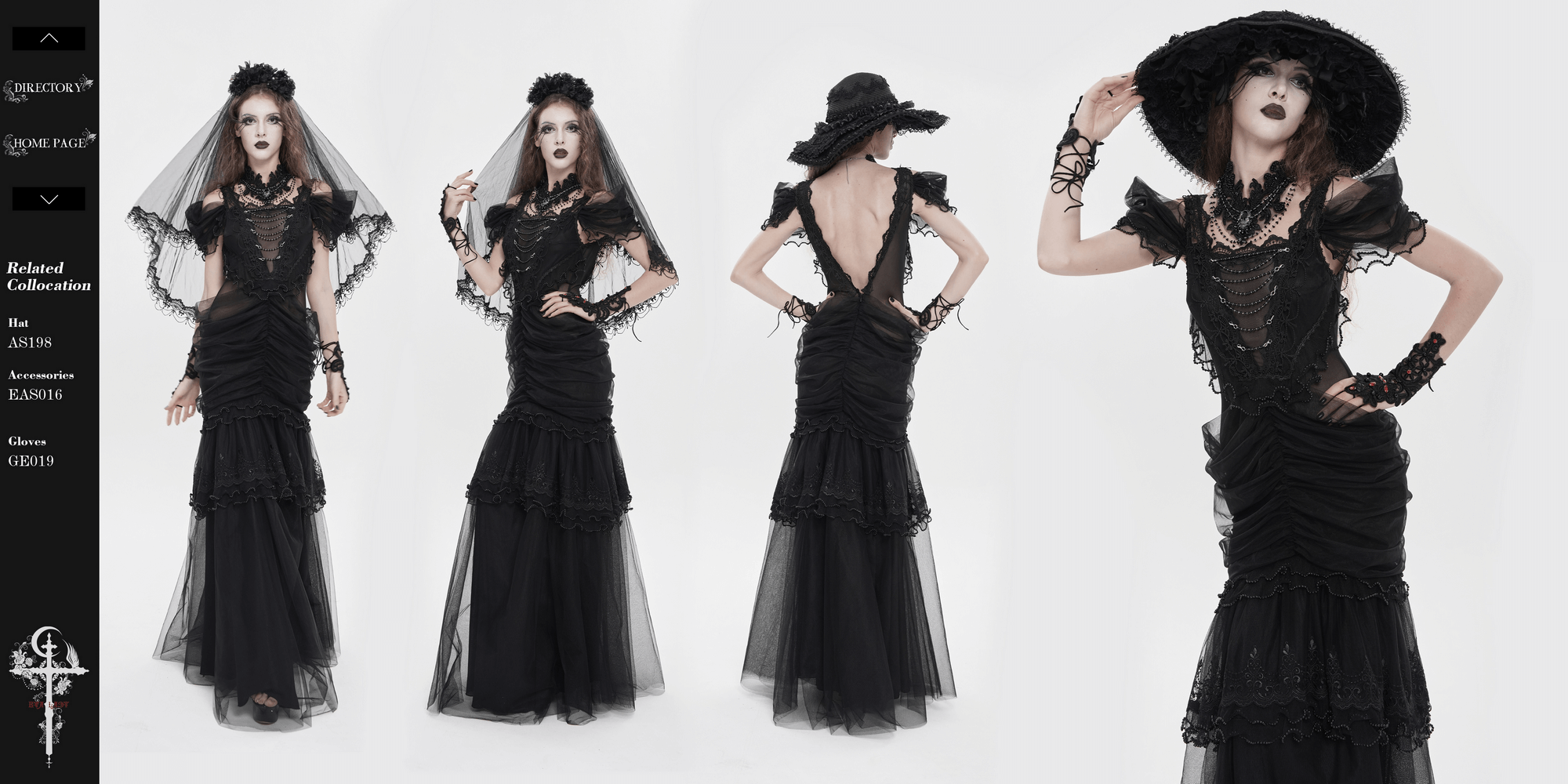 Black Gothic Lace-Up Dress with Ruffled Tulle and Roses showcased from multiple angles, featuring a lace-up back and elegant tulle details.