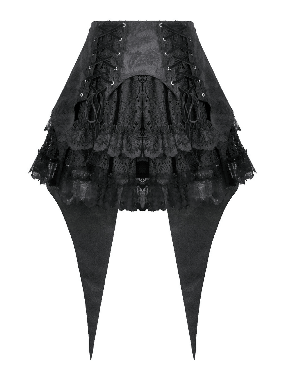 Black Gothic Lace-Up Layered High Low Bustle Skirt featuring ruffled lace and dramatic tail panels.