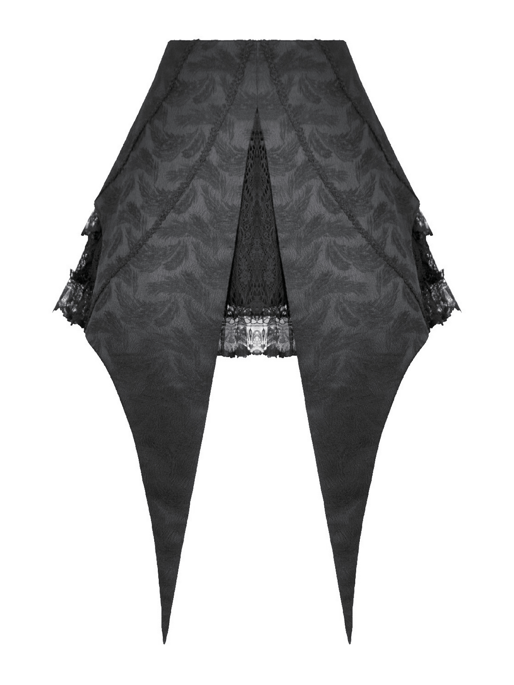 Black Gothic Lace-Up Layered High Low Bustle Skirt featuring dramatic ruffled lace and pointed tail panels.