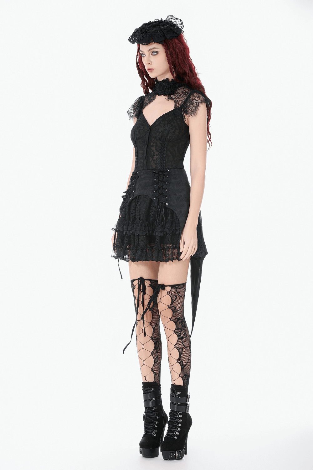 Black Gothic Lace-Up Layered High Low Bustle Skirt showcasing dramatic layers and lace-up details on a model.