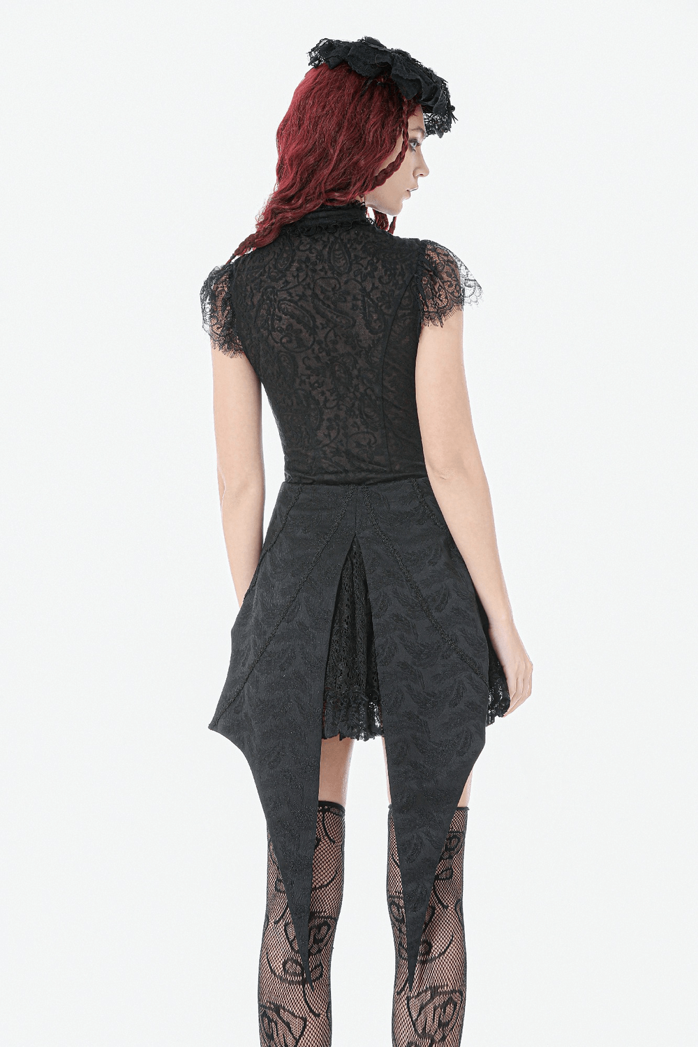 Black Gothic Lace-Up Layered High Low Bustle Skirt worn from the back, showcasing ruffled lace and pointed tail panels.