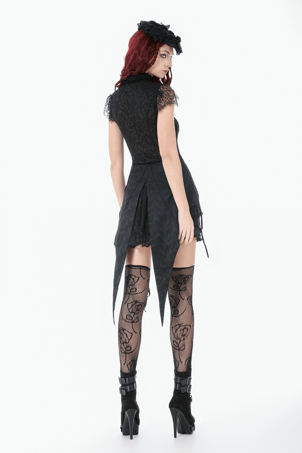 Black Gothic Lace-Up Layered High Low Bustle Skirt featuring a dramatic back view with pointed tail panels.
