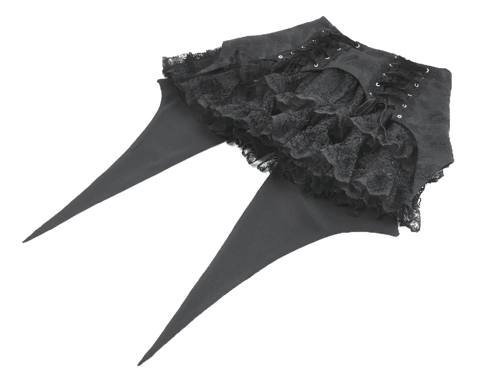 Black Gothic Lace-Up Layered High Low Bustle Skirt featuring lace ruffles and dramatic pointed tail panels.
