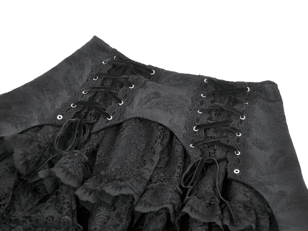 Black Gothic Lace-Up Layered High Low Bustle Skirt featuring dramatic lace-up detail and ruffled lace layers.
