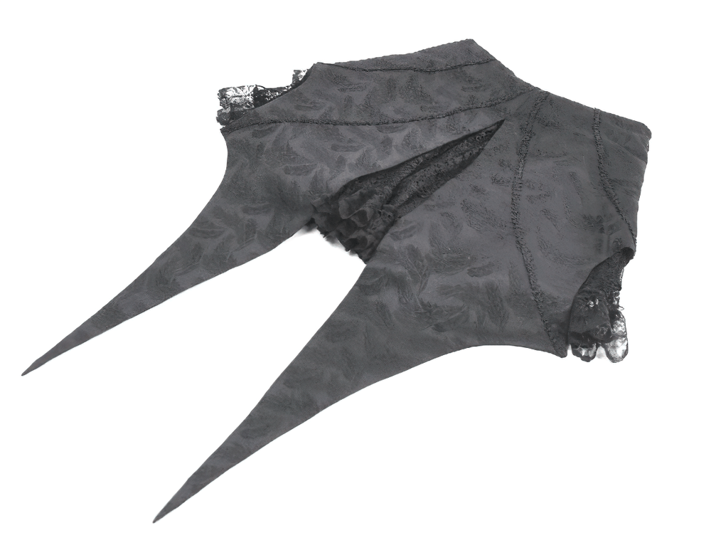 Black Gothic Lace-Up Layered High Low Bustle Skirt with dramatic pointed tail panels and textured jacquard overlay.