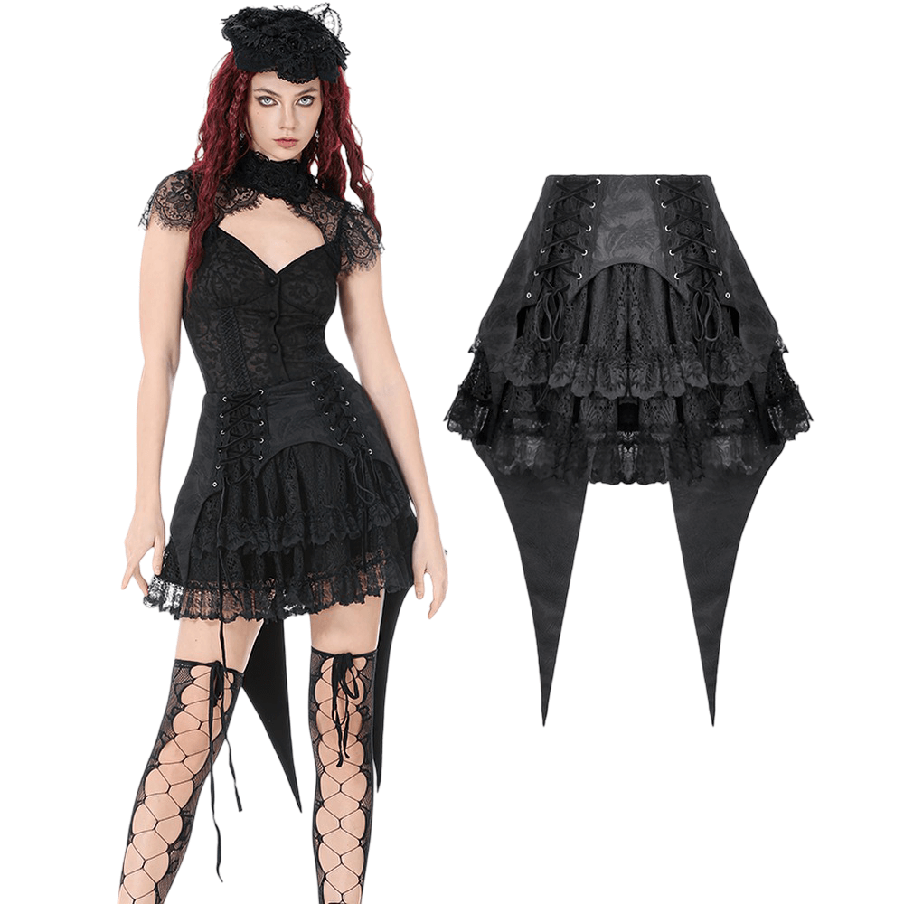 Black Gothic Lace-Up Layered High Low Bustle Skirt worn by model, featuring lace and ruffles for a dramatic look.