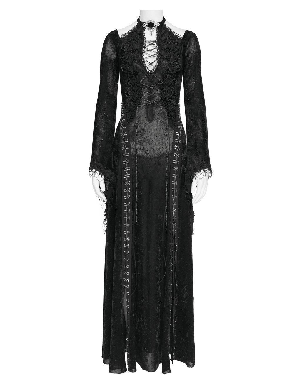 Black Gothic Lace Up Maxi Dress with Bell Sleeves displayed on a mannequin, featuring beautiful bell sleeves and intricate lace details.