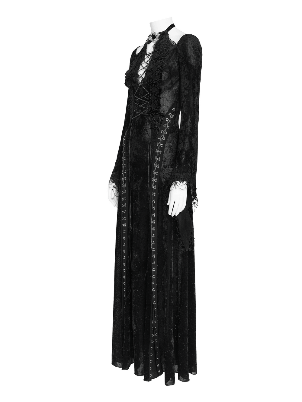 Black Gothic Lace Up Maxi Dress with Bell Sleeves displayed on a mannequin, featuring intricate lace details.