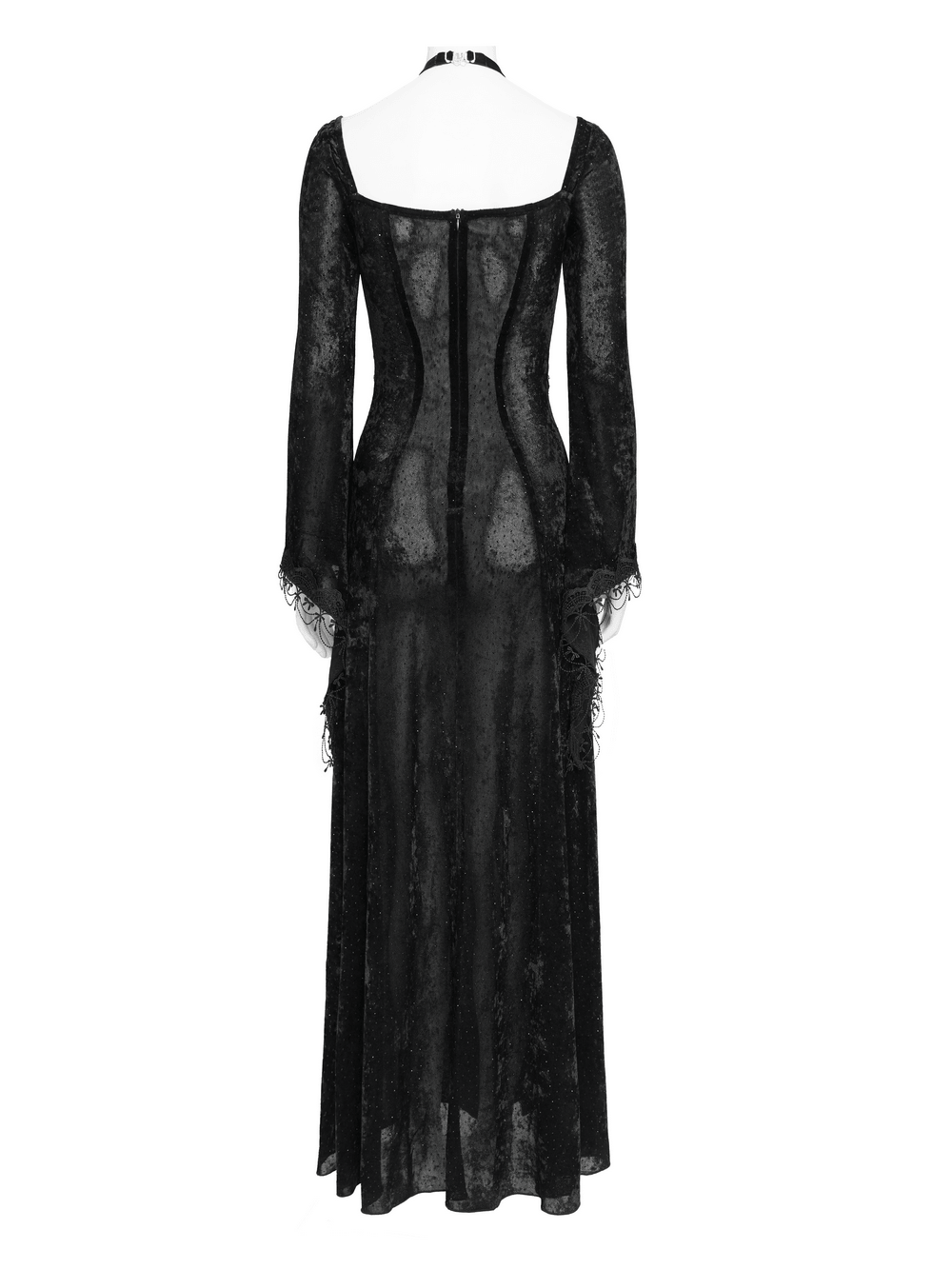 Back view of Black Gothic Lace Up Maxi Dress with Bell Sleeves showcasing its elegant design.