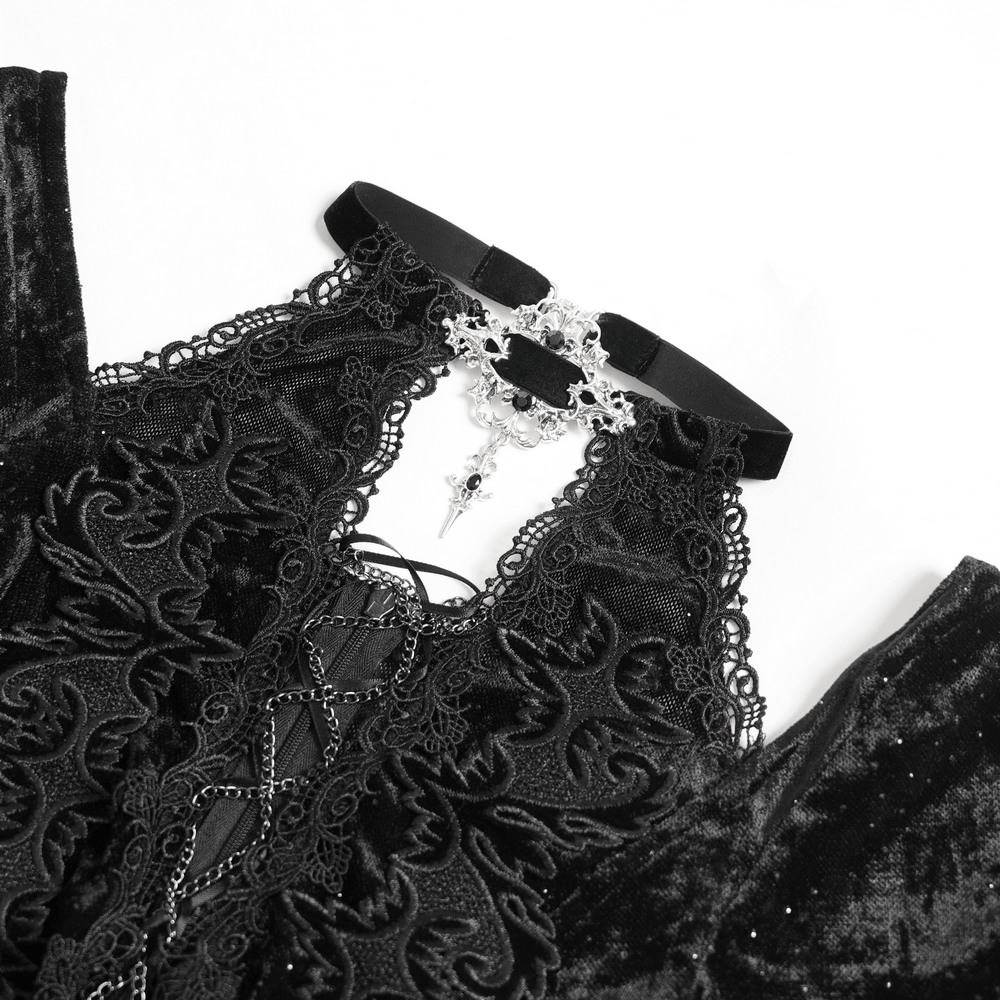 Black Gothic Lace Up Maxi Dress with Bell Sleeves displaying intricate lace details and elegant design.