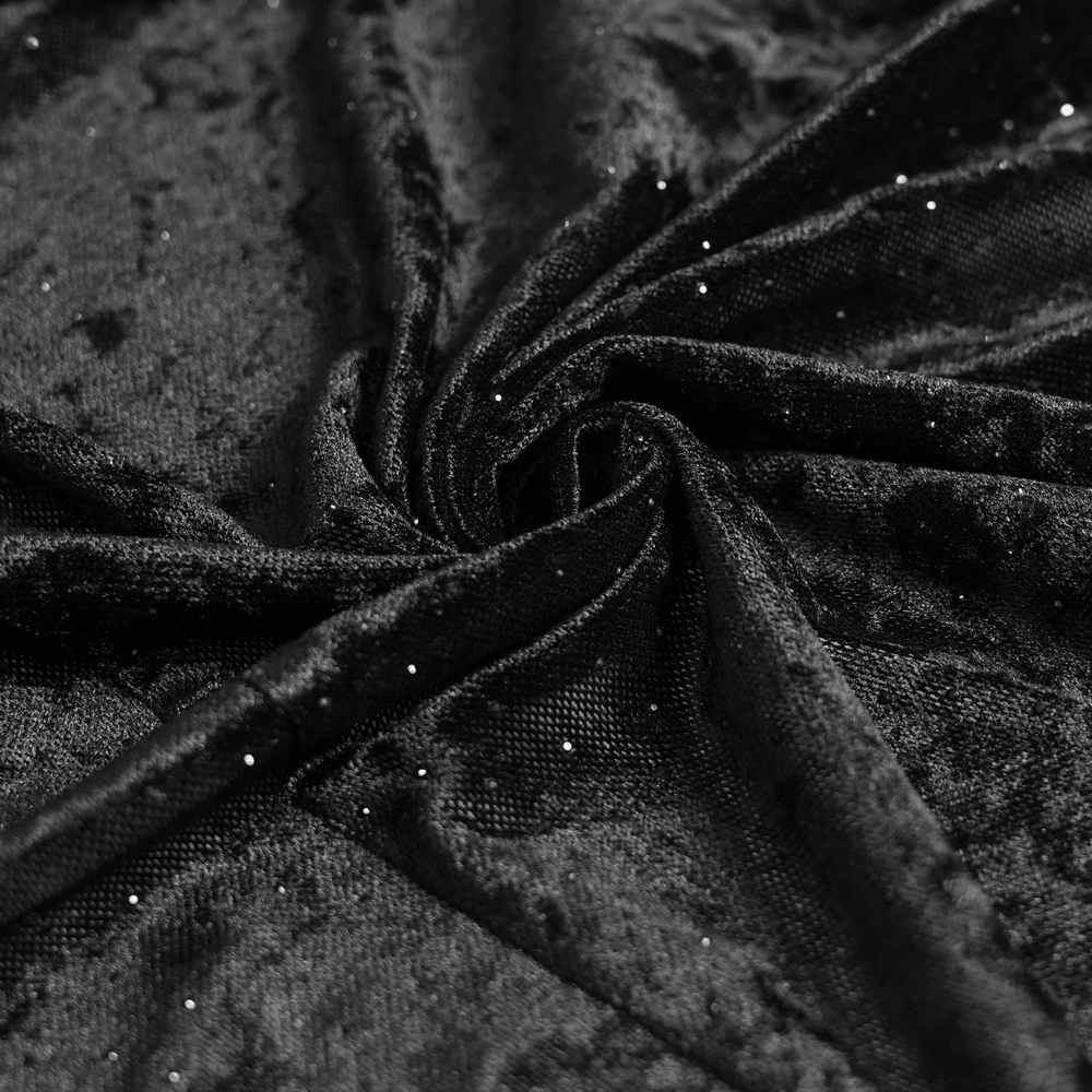 Close-up of luxurious black fabric showcasing the texture of the Black Gothic Lace Up Maxi Dress with Bell Sleeves.