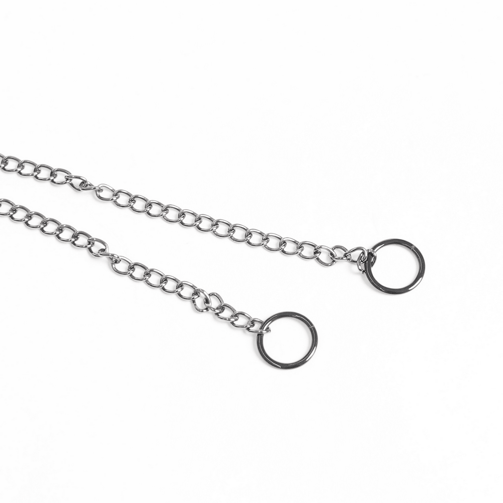 Silver chain with circular ring ends, perfect for gothic fashion accessories.