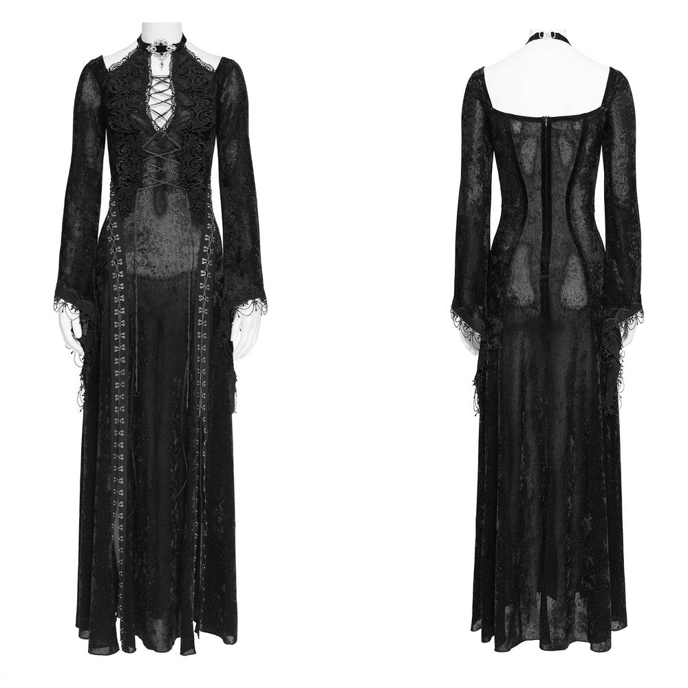 Black Gothic Lace Up Maxi Dress with Bell Sleeves shown from front and back views on a mannequin.