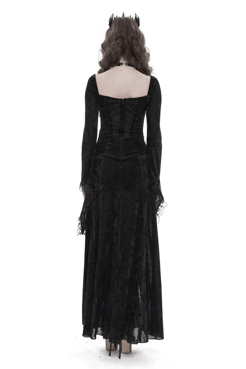 Black Gothic Lace Up Maxi Dress with Bell Sleeves seen from the back, showcasing its elegant design and flowing silhouette.