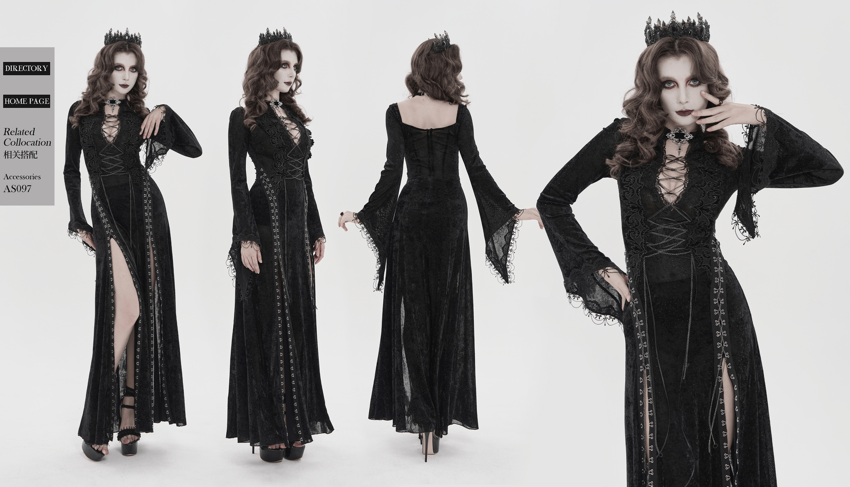 Black Gothic Lace Up Maxi Dress with Bell Sleeves worn by a model showcasing multiple angles.
