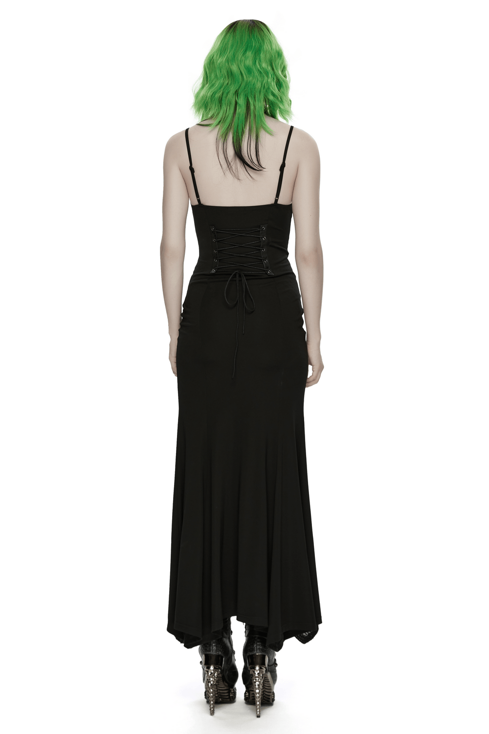 Alt Tag: Back view of Black Gothic Lace-Up Mermaid Fishnet Maxi Dress, lace-up corset detail and irregular hem maxi silhouette