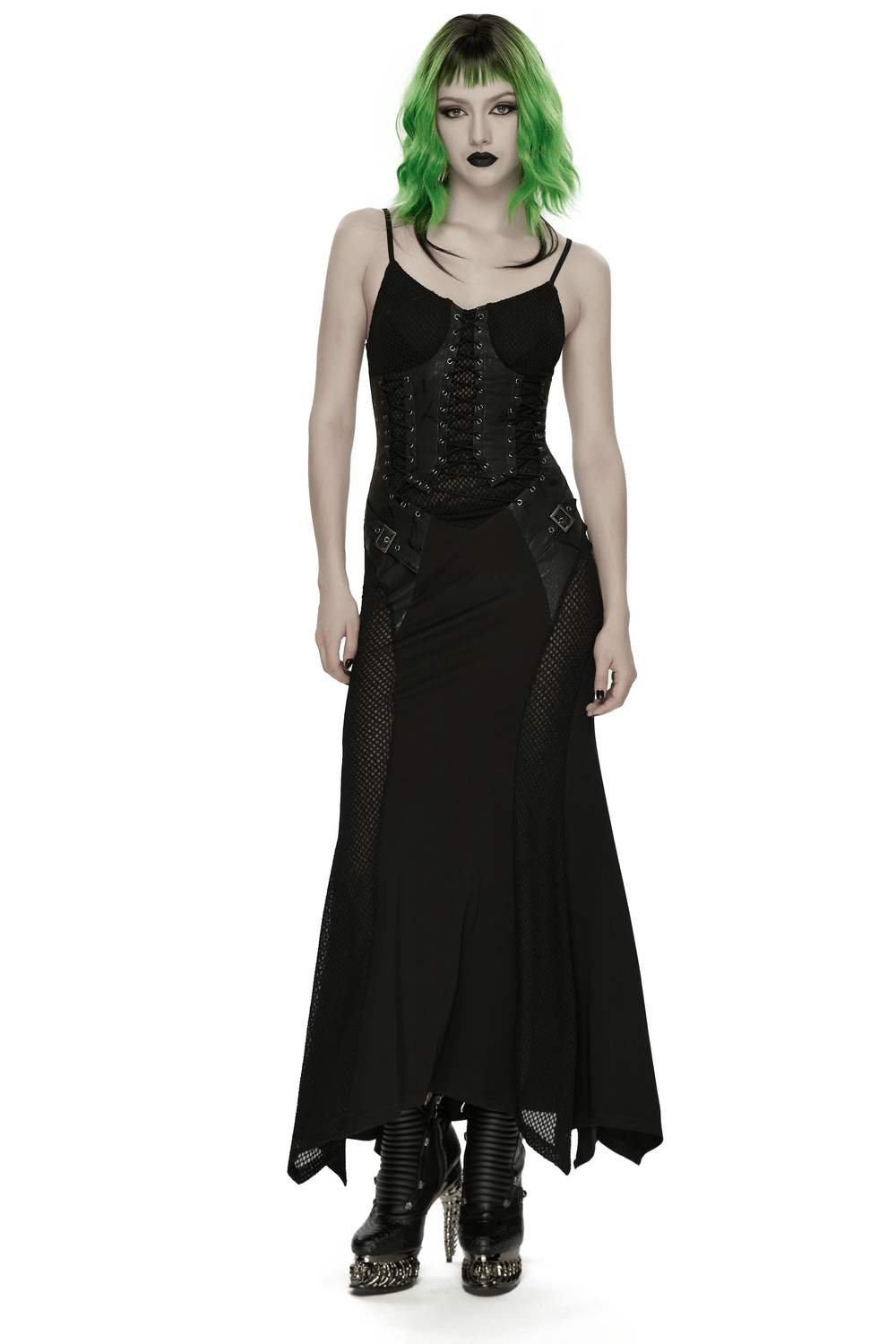 Alt Tag: Black Gothic Lace-Up Mermaid Fishnet Maxi Dress with corset lace-up front, sheer mesh panels, and irregular hem
