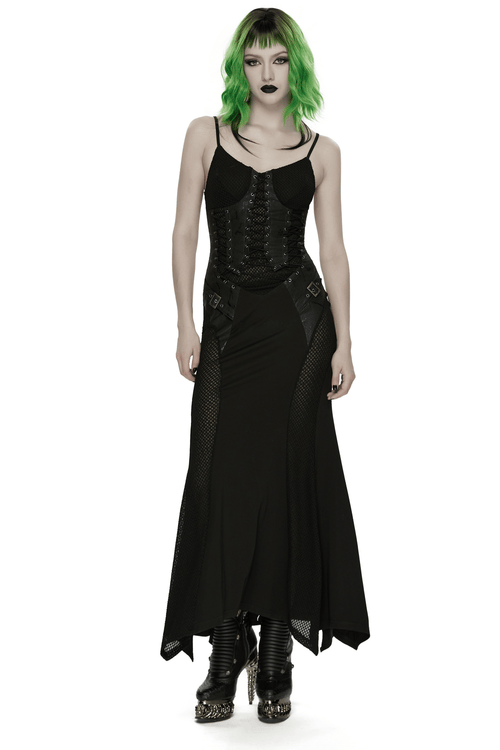 Black Gothic Lace-Up Mermaid Fishnet Maxi Dress