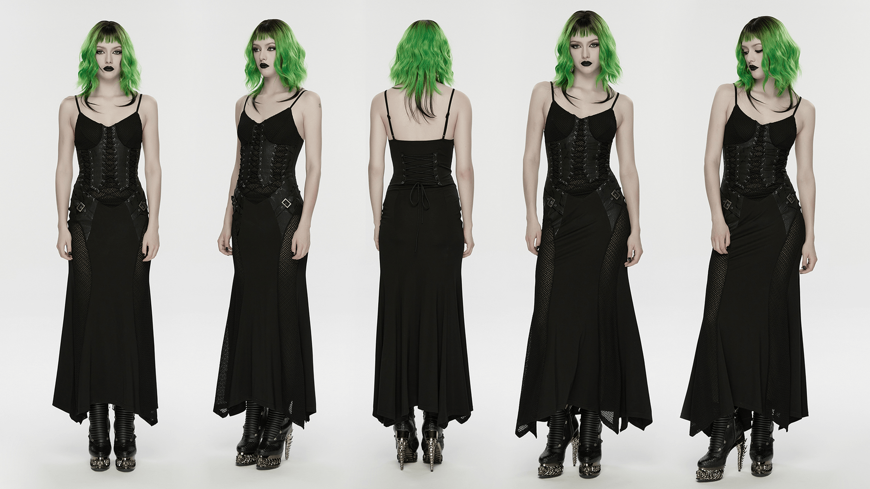 Alt Tag: Black Gothic Lace-Up Mermaid Fishnet Maxi Dress on model, black corset slip with fishnet panels and irregular hem, front and back views