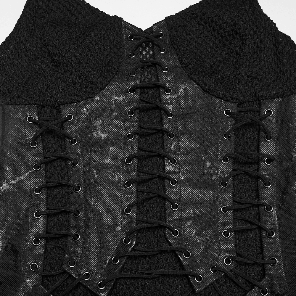 Alt Tag: Black Gothic Lace-Up Mermaid Fishnet Maxi Dress close-up of lace-up corset bodice with eyelets and mesh panels
