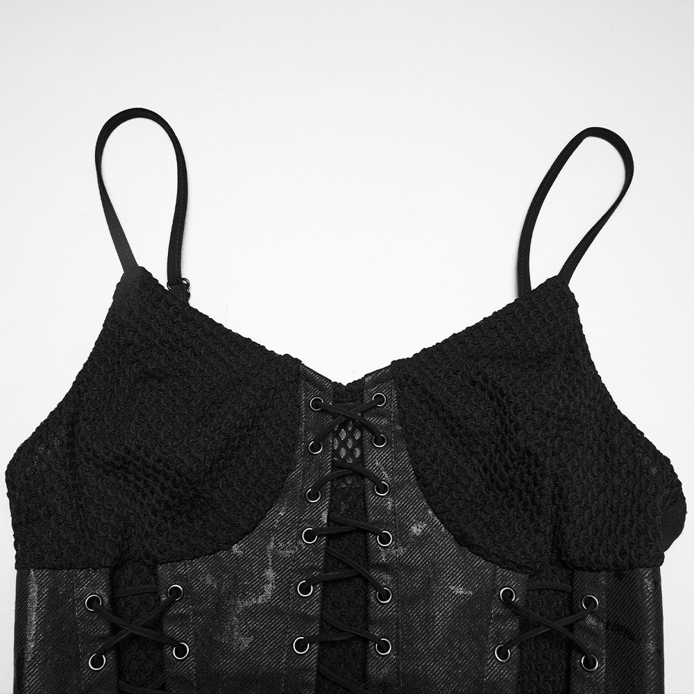 Black Gothic Lace-Up Mermaid Fishnet Maxi Dress close-up of lace-up corset bodice, black mesh and faux leather details, punk gothic style