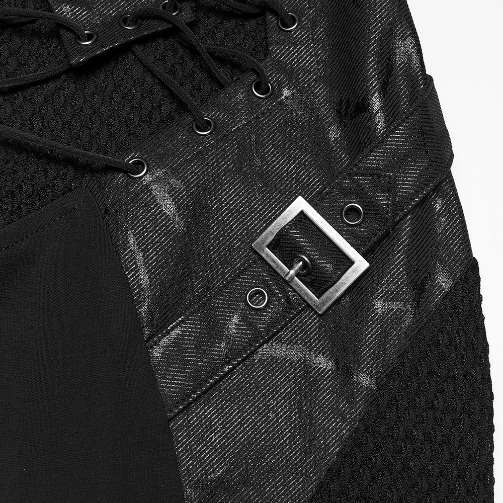 Alt Tag: Black Gothic Lace-Up Mermaid Fishnet Maxi Dress close-up of lace-up corset eyelets and buckle on black fishnet mesh panel