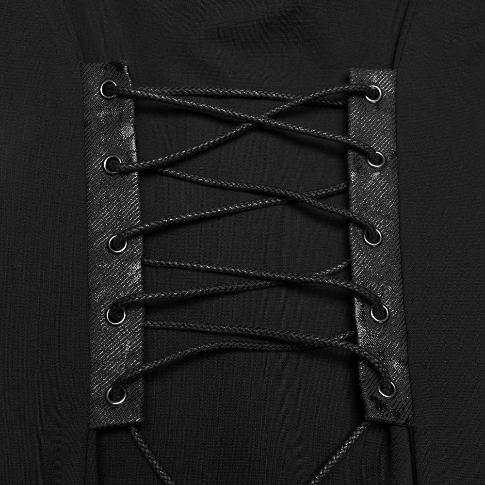 Black Gothic Lace-Up Mermaid Fishnet Maxi Dress close-up of lace-up corset back with metal eyelets and crisscross drawstrings