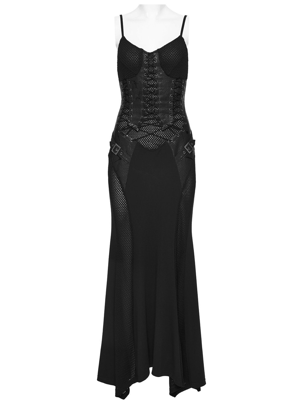 Alt Tag: Black Gothic Lace-Up Mermaid Fishnet Maxi Dress slip dress with corset lace-up front, fishnet mesh panels and irregular hem
