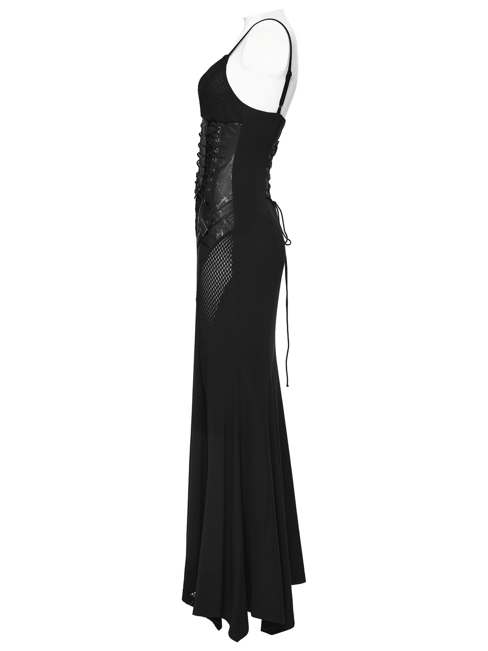 Alt Tag: Black Gothic Lace-Up Mermaid Fishnet Maxi Dress side view with lace-up corset mesh panels and irregular hem