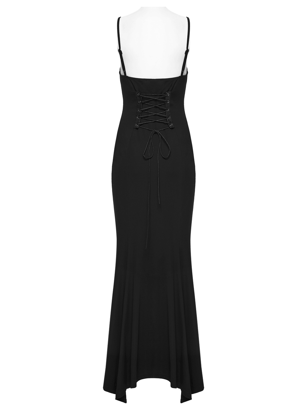 Alt Tag: Back view of Black Gothic Lace-Up Mermaid Fishnet Maxi Dress with corset lacing, spaghetti straps, and mermaid hem