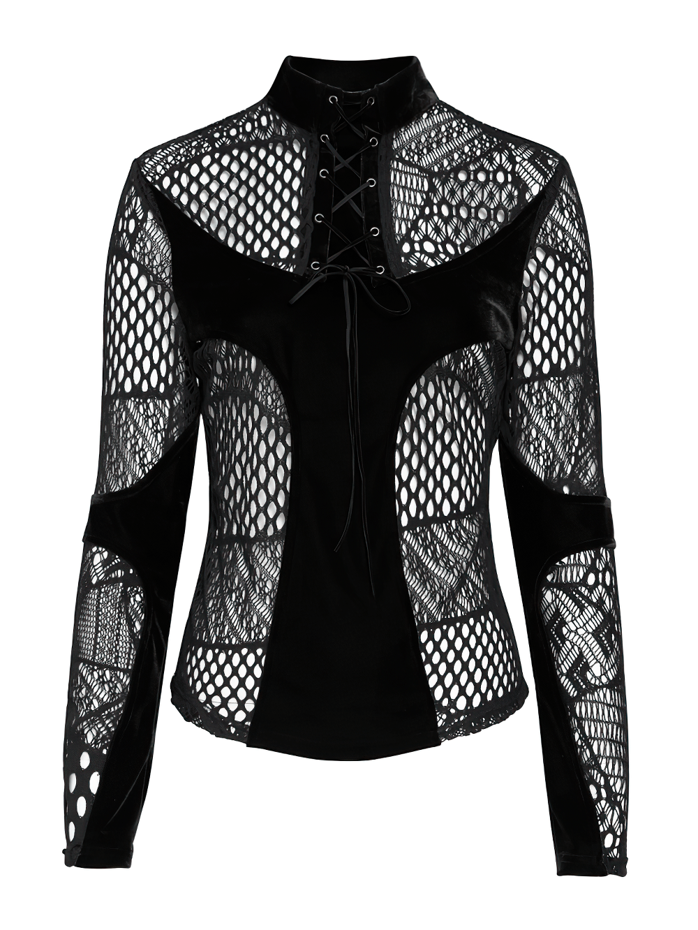 Black Gothic Lace-Up Mesh Top with Velvet Panels, dark punk sheer fishnet blouse with high neckline and lace-up front