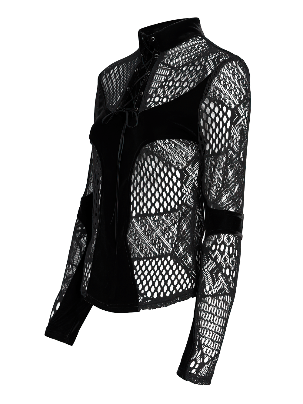 Black Gothic Lace-Up Mesh Top with Velvet Panels, sheer long sleeves, high neck, and lace-up front in punk style.