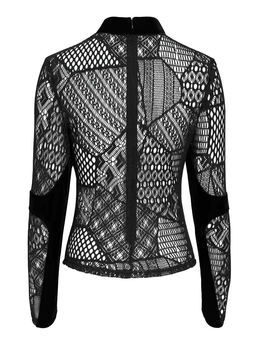Black Gothic Lace-Up Mesh Top with Velvet Panels, sheer punk blouse with geometric fishnet texture and high neck