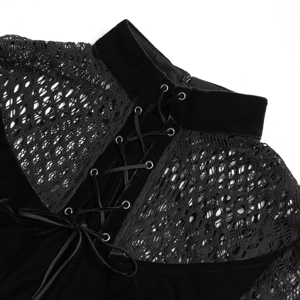 Black Gothic Lace-Up Mesh Top with Velvet Panels, dark punk sheer fishnet blouse with high neckline and velvet details