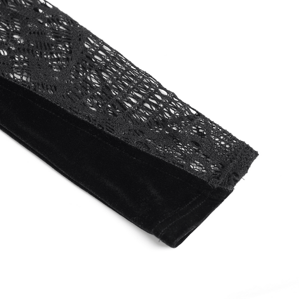 Black Gothic Lace-Up Mesh Top with Velvet Panels, sheer fishnet sleeve with black velvet cuff detail