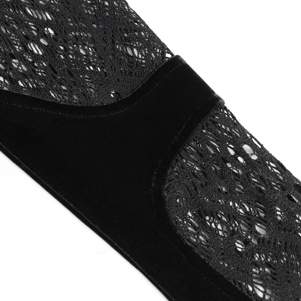 Black Gothic Lace-Up Mesh Top with Velvet Panels, sheer fishnet sleeves and velvet contrast for edgy punk style