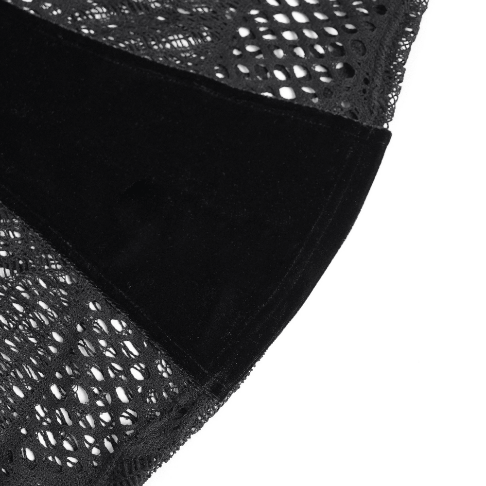 Black Gothic Lace-Up Mesh Top with Velvet Panels, dark punk sheer fishnet blouse with lace and velvet texture