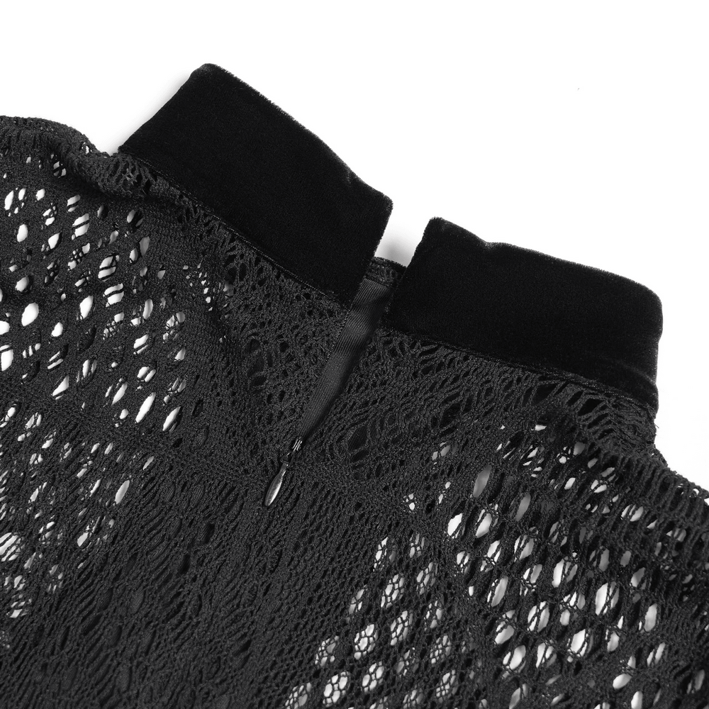 Black Gothic Lace-Up Mesh Top with Velvet Panels, sheer lace detail and high neckline for a dark punk look