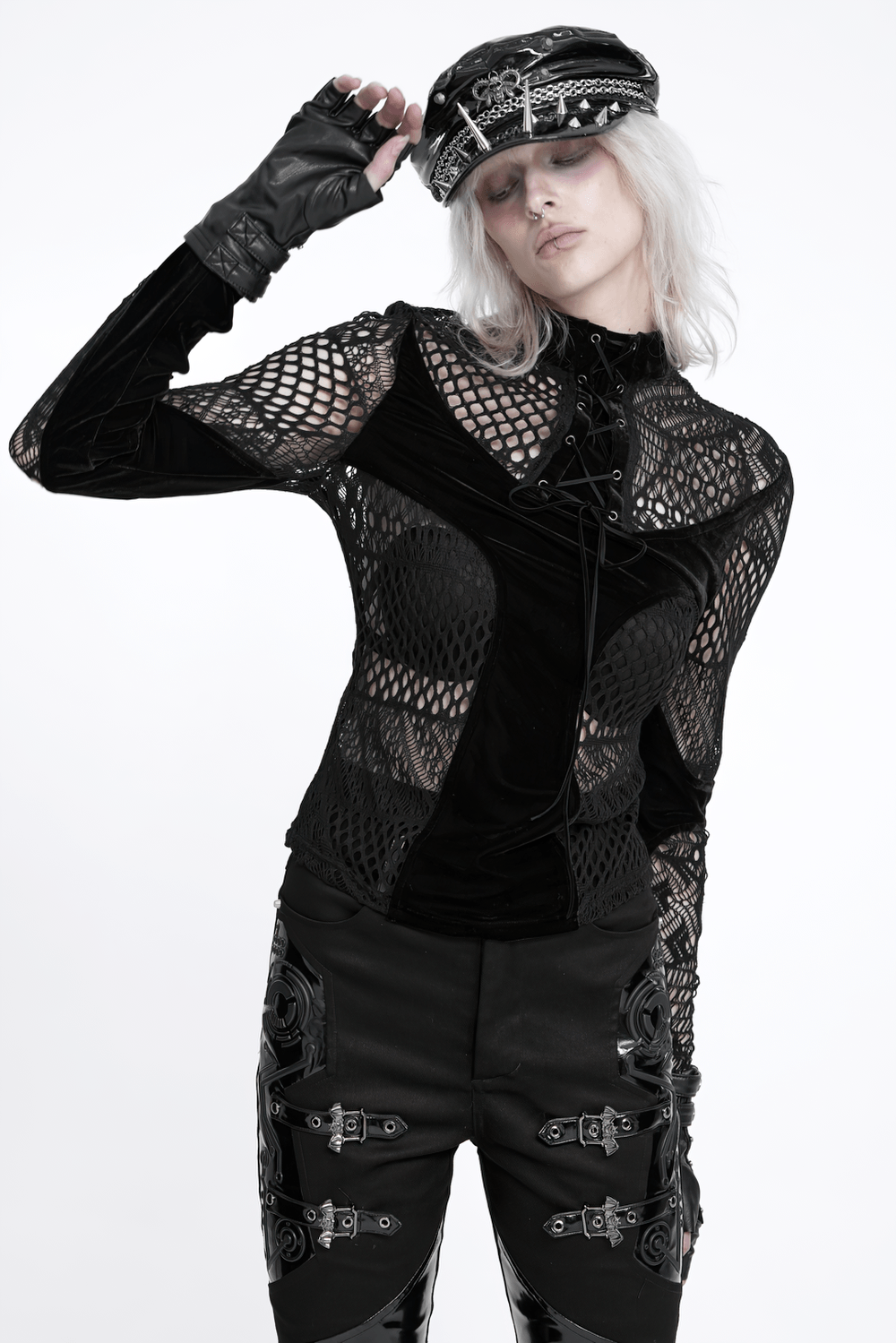 Black Gothic Lace-Up Mesh Top with Velvet Panels, dark punk sheer fishnet blouse with high neckline and lace-up front